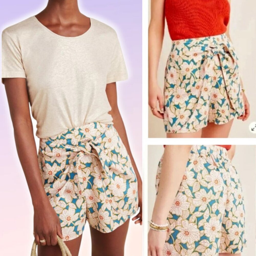 ANTHROPOLOGIE Georgine Floral Tie Front Skirted Shorts Sz XS
